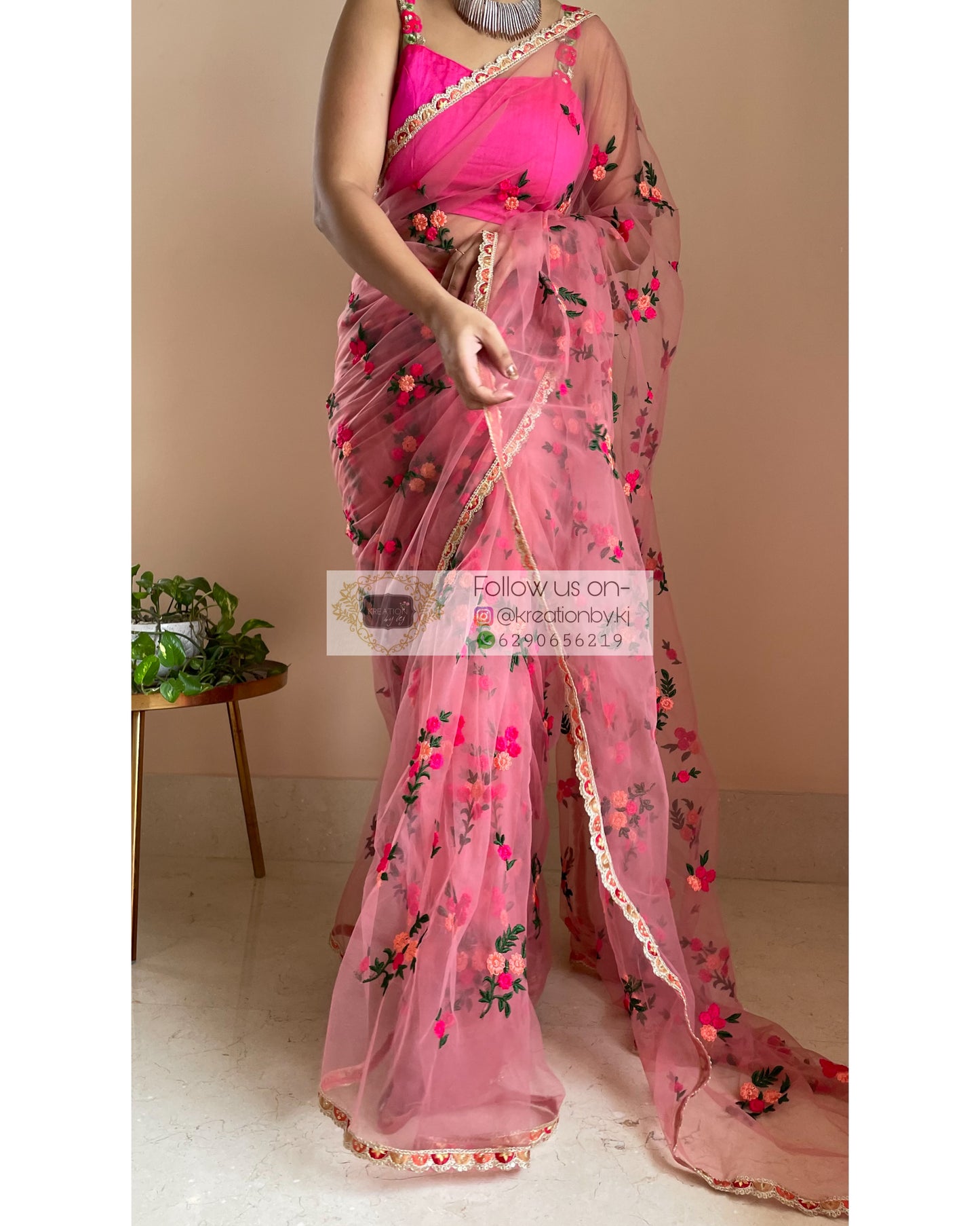 Peach Bouquet of Flowers Net Saree - kreationbykj