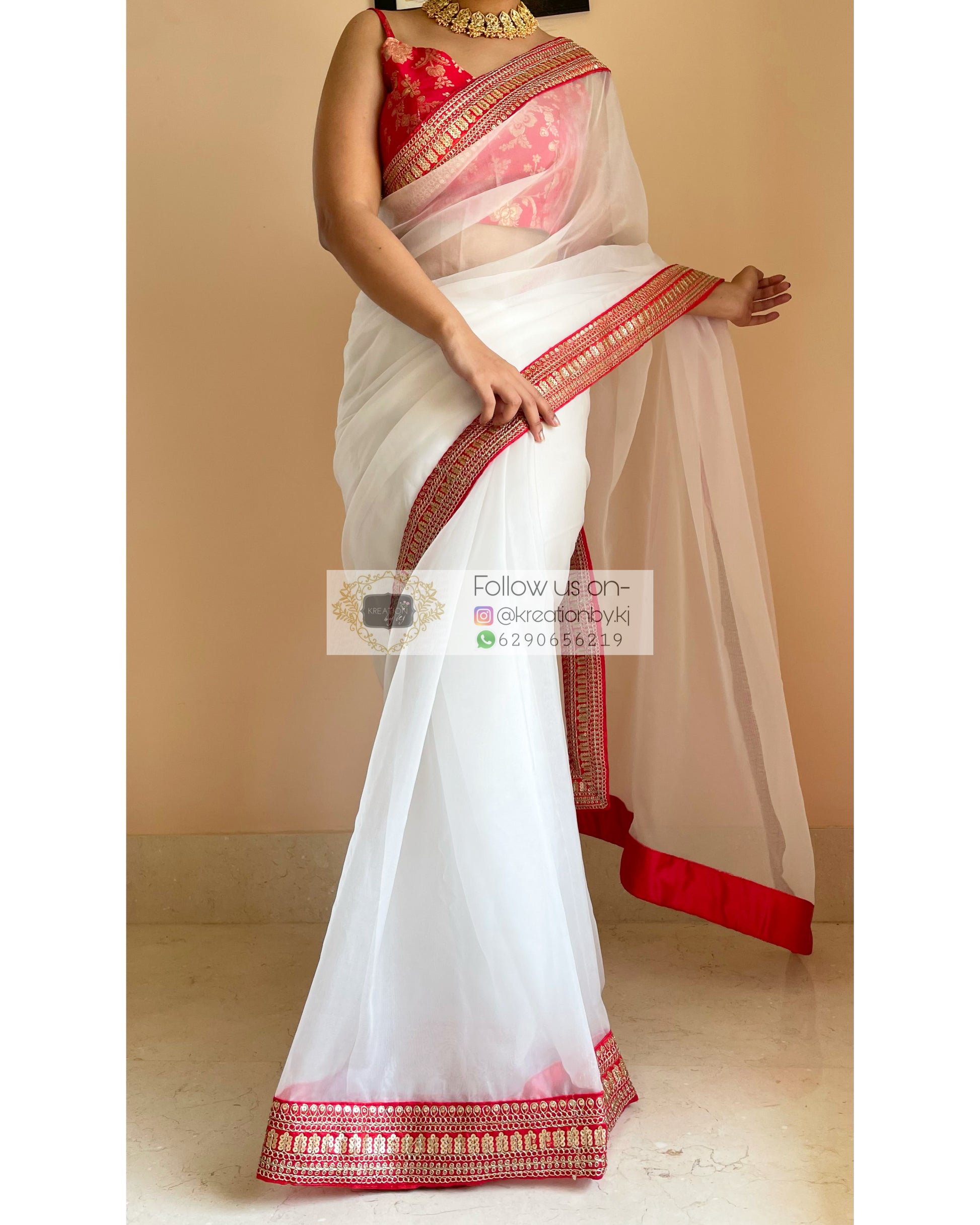 White Organza Saree with Red Border - kreationbykj