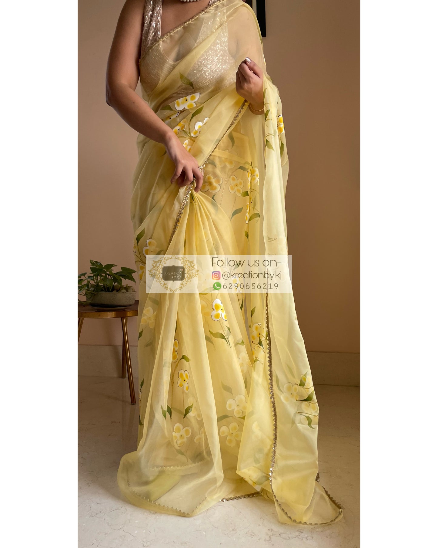 Pastel Yellow Floral Organza Saree - kreationbykj