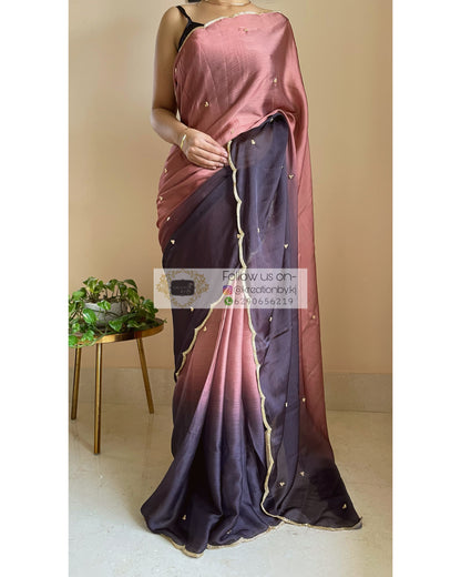 Chai Coffee Crepe Silk Saree with Handembroidered Scalloping - kreationbykj