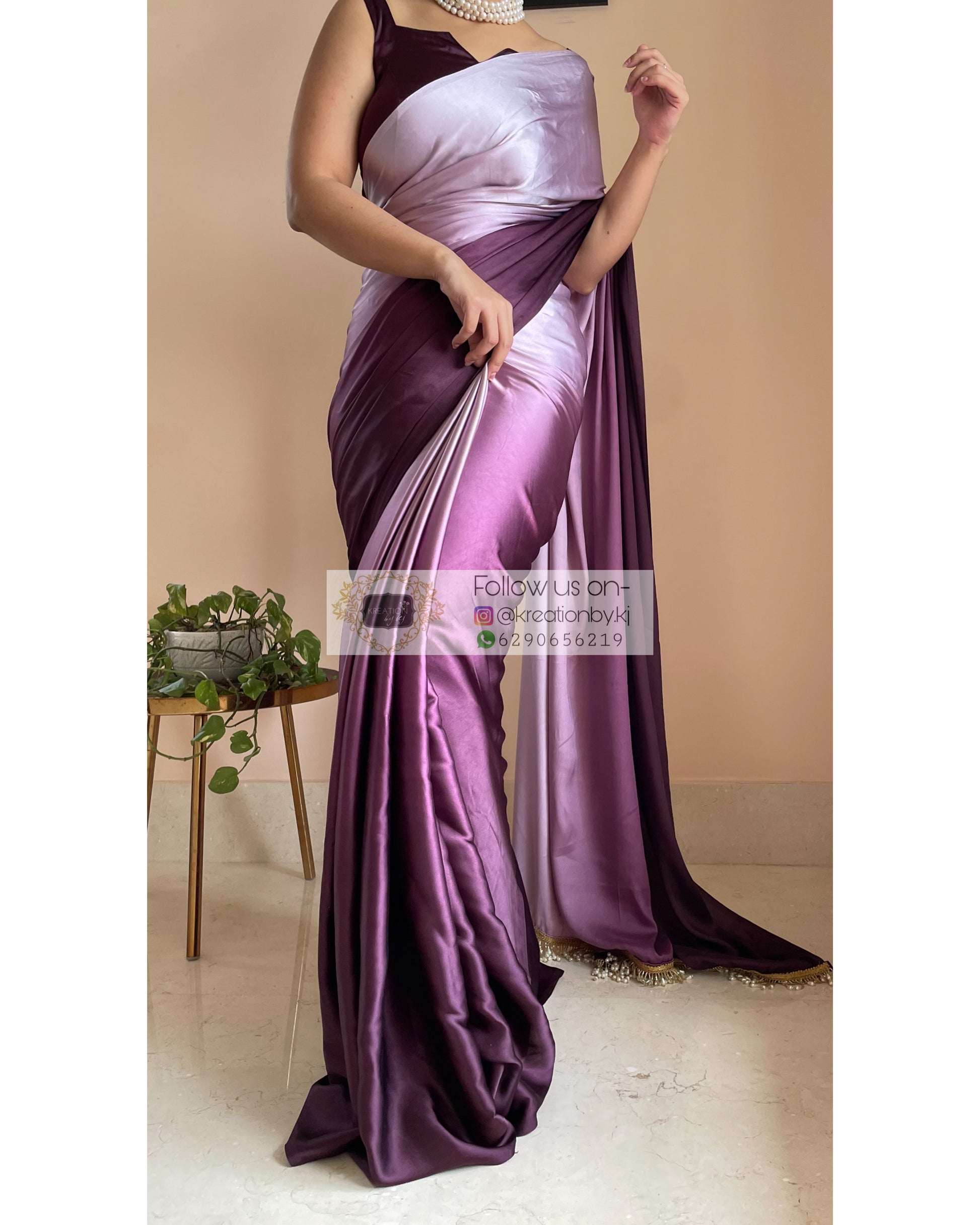 Black Currant Ombré Crepe  Silk Saree with Handmade Tassels on Pallu - kreationbykj