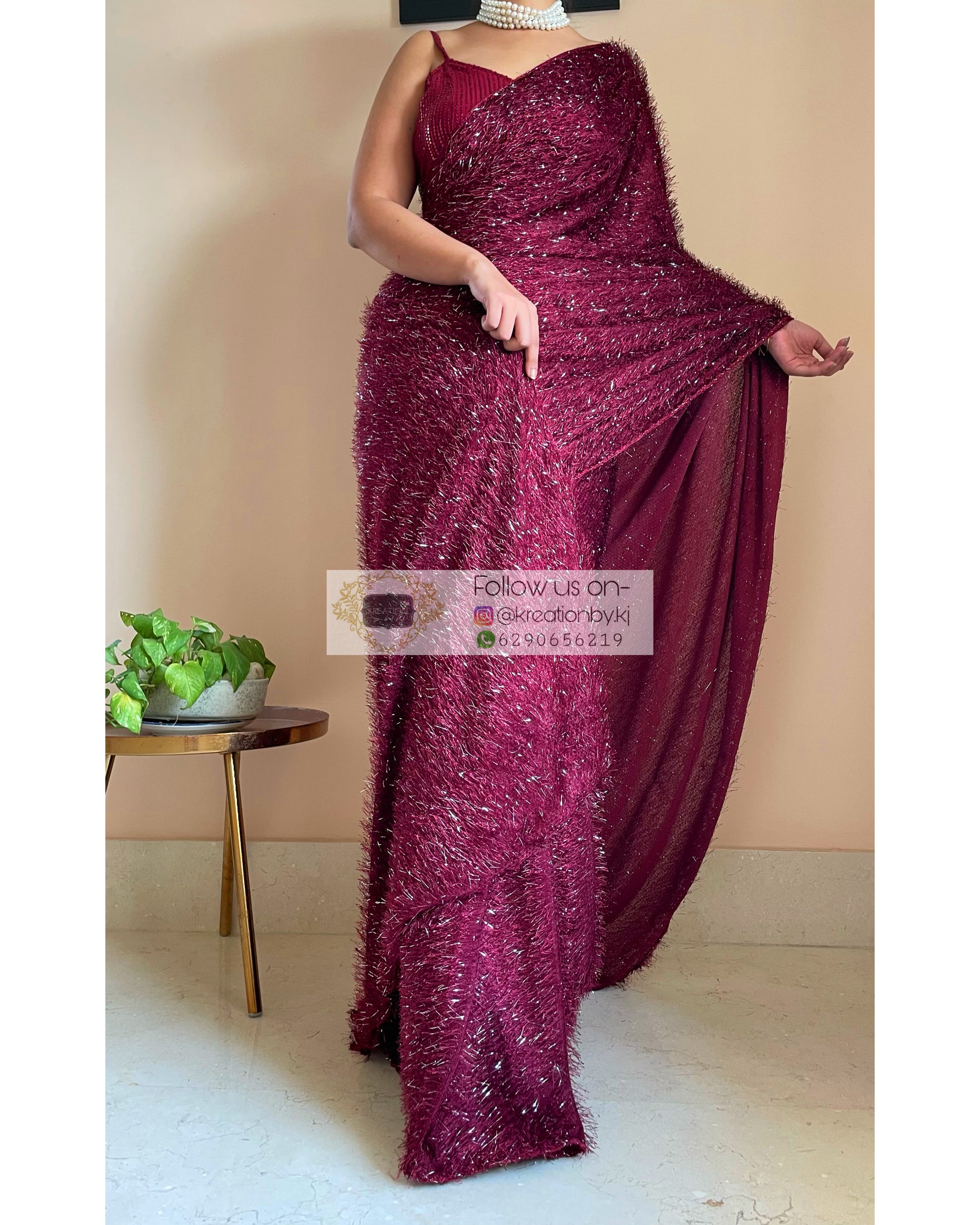 Sofia Burgundy Fur Saree - kreationbykj