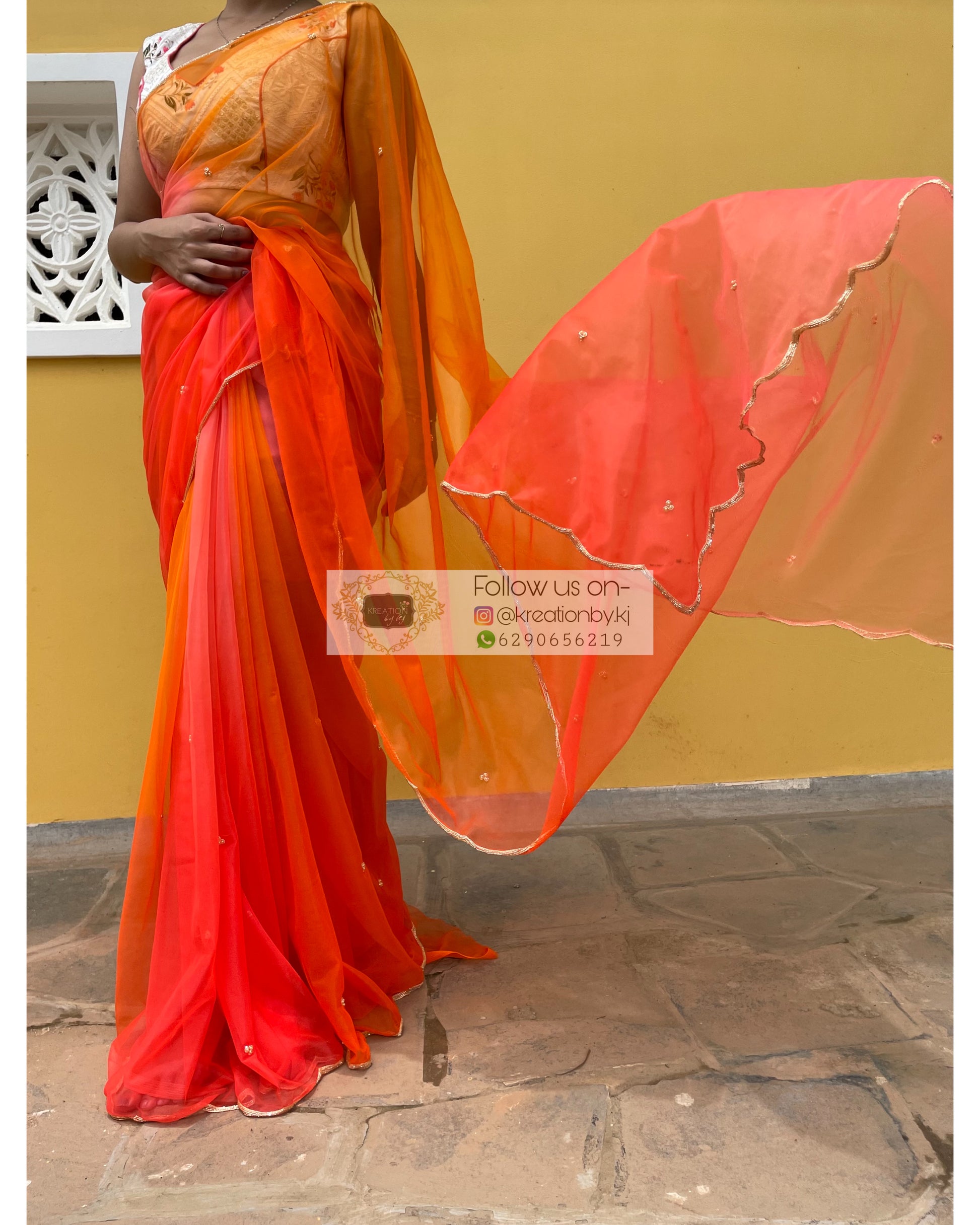 Orange Ombré Net saree with handembroidered scallop - kreationbykj