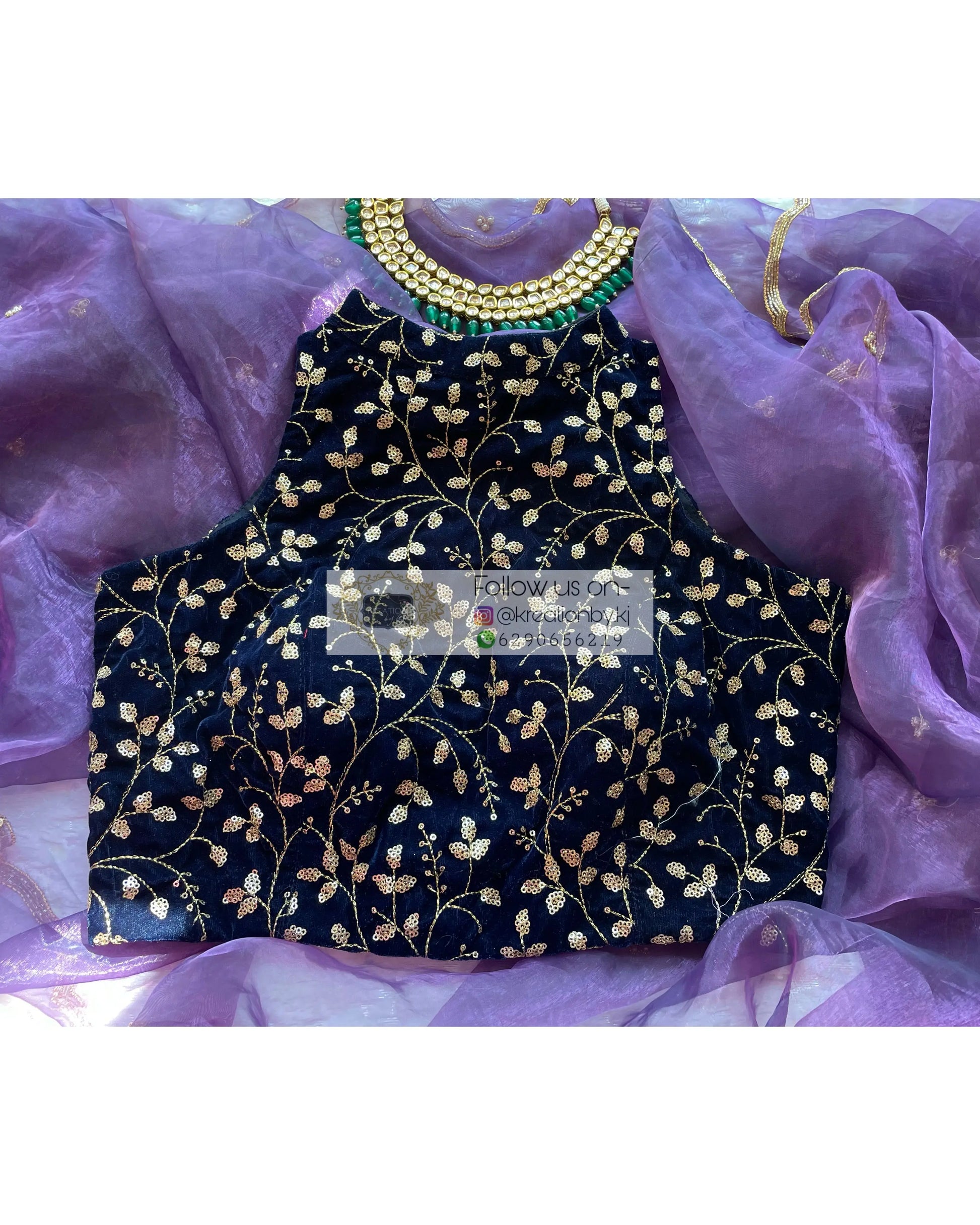 Navy Blue Velvet Halter Neck Blouse - Main Image