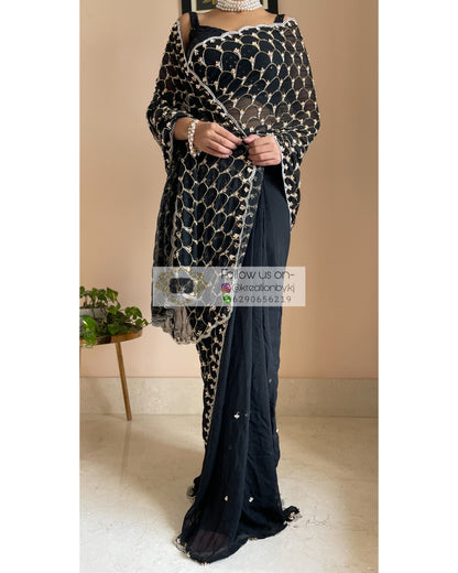 Black Georgette Cutdana Mehraab Jaal Saree - kreationbykj