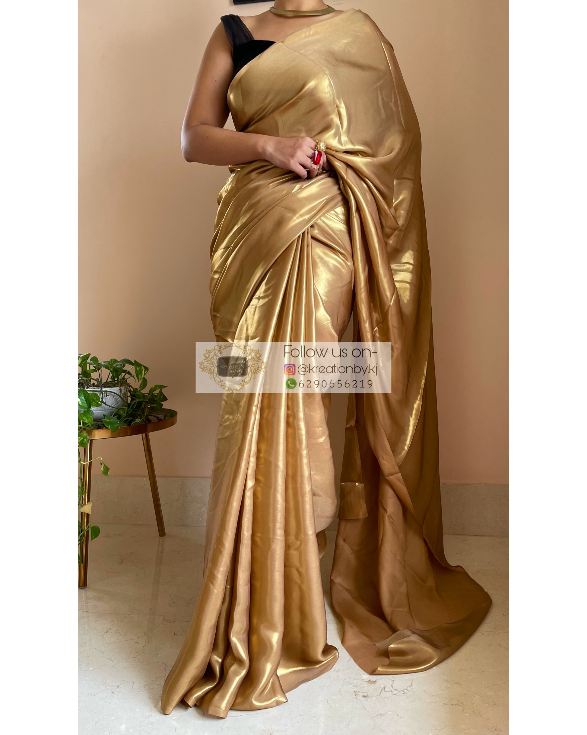 Molten Gold Shimmer Satin Saree - kreationbykj