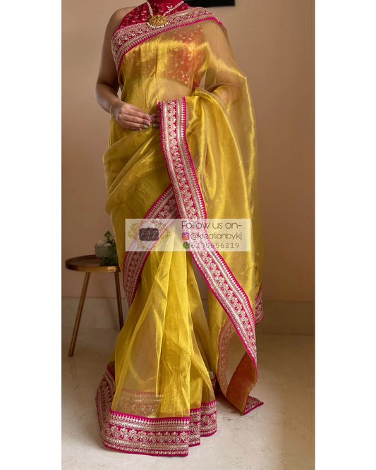 Gold Tissue Silk Saree with Fuschia Border - kreationbykj