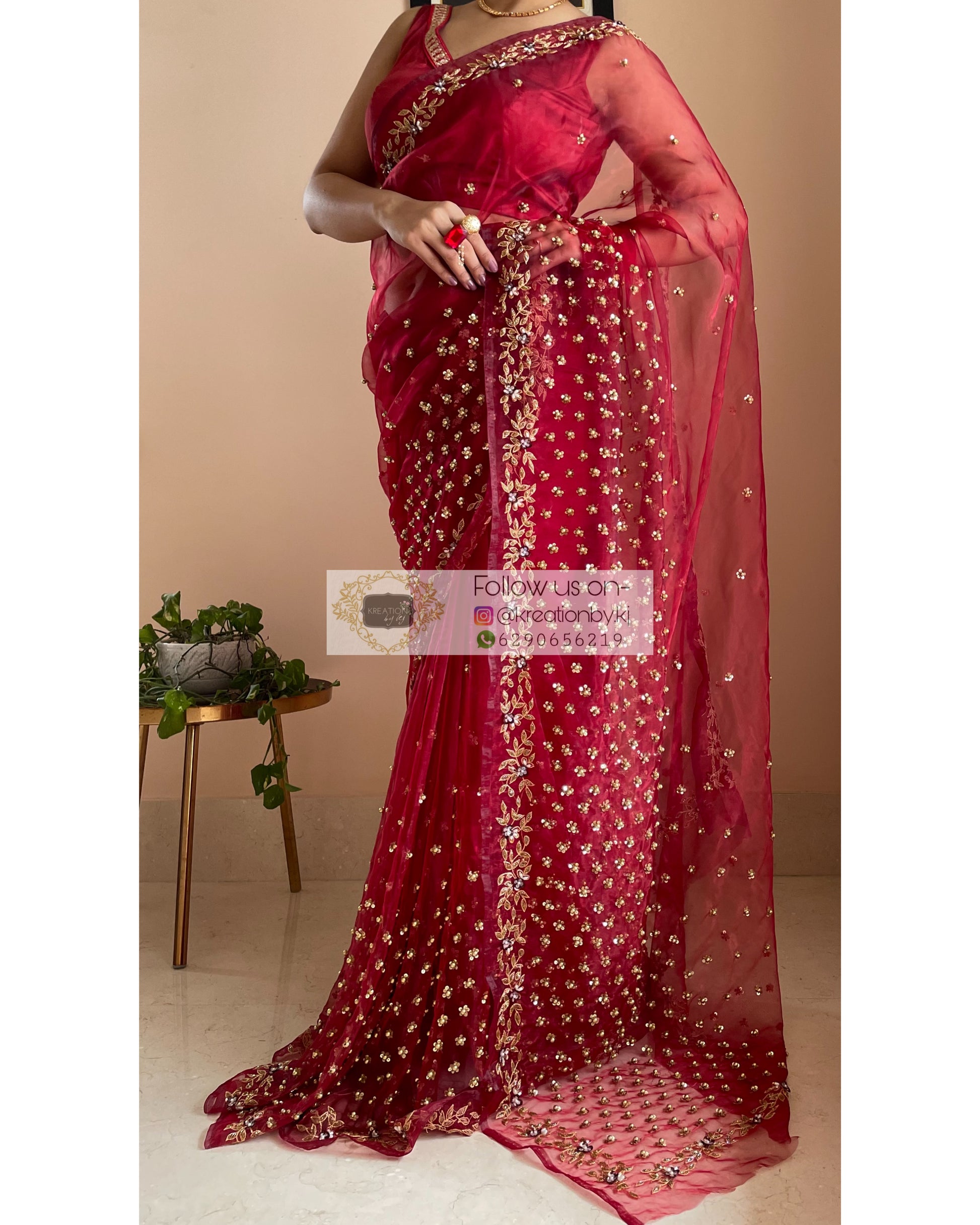 Red Badan pe Sitare Saree - kreationbykj