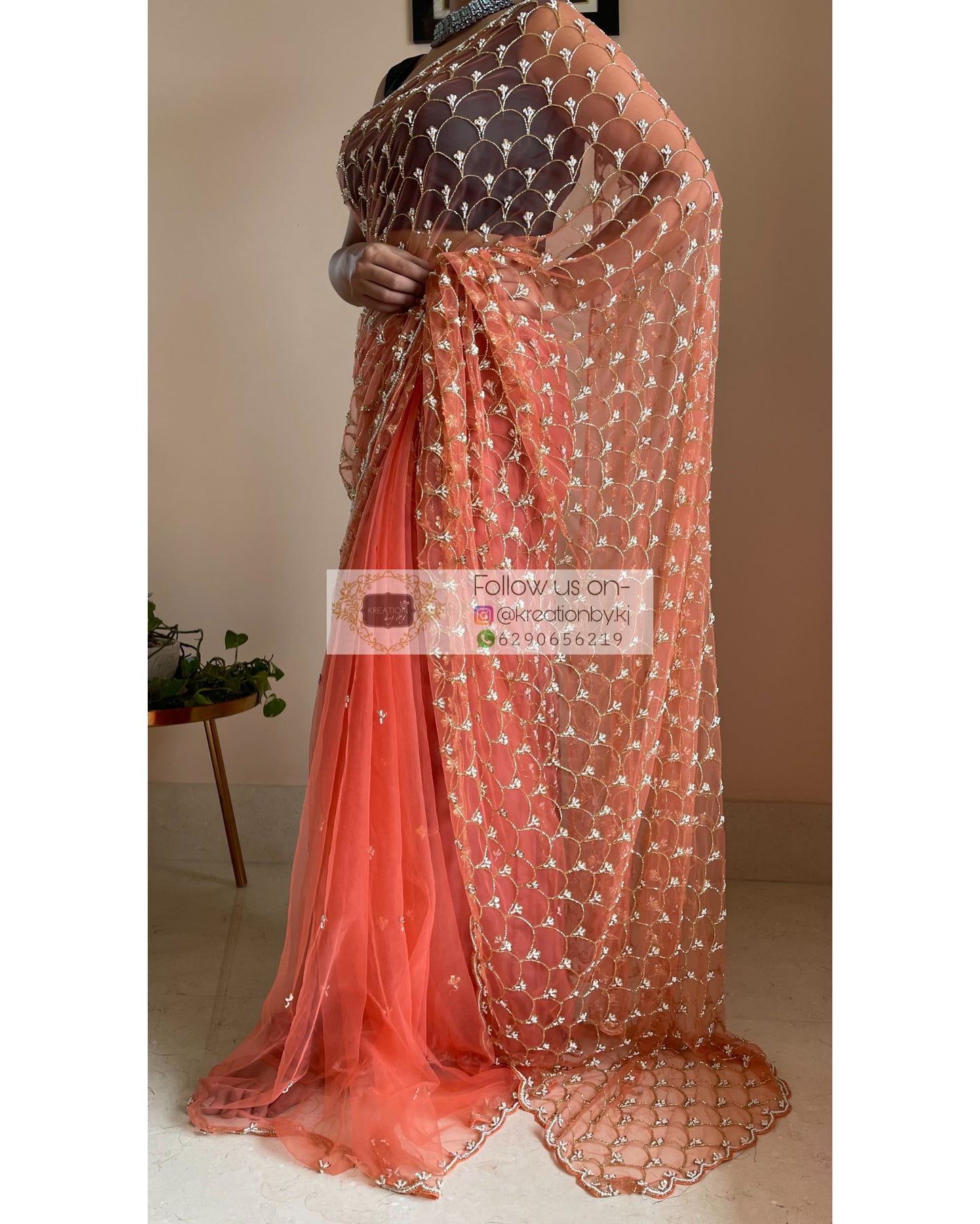 Coral Cutdana Mehraab Jaal Saree - kreationbykj