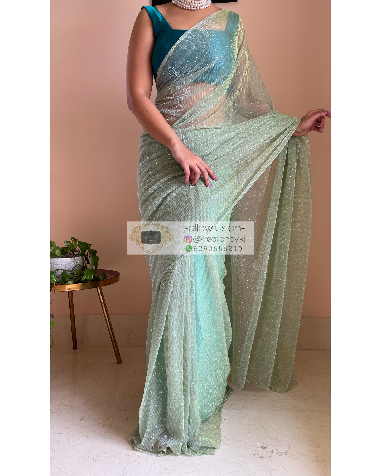 Pastel Green Pleated Shimmer Saree - kreationbykj