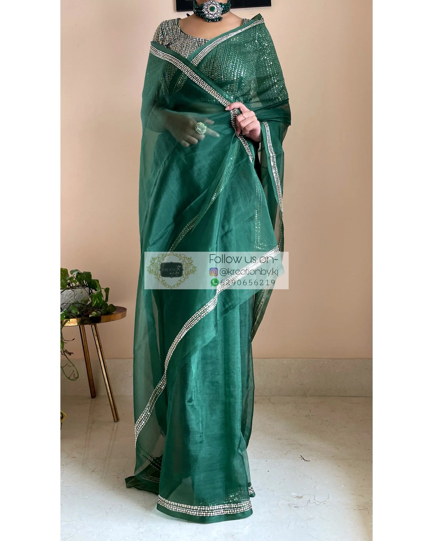 Bottle Green Organza Saree with Heavy Blouse - kreationbykj