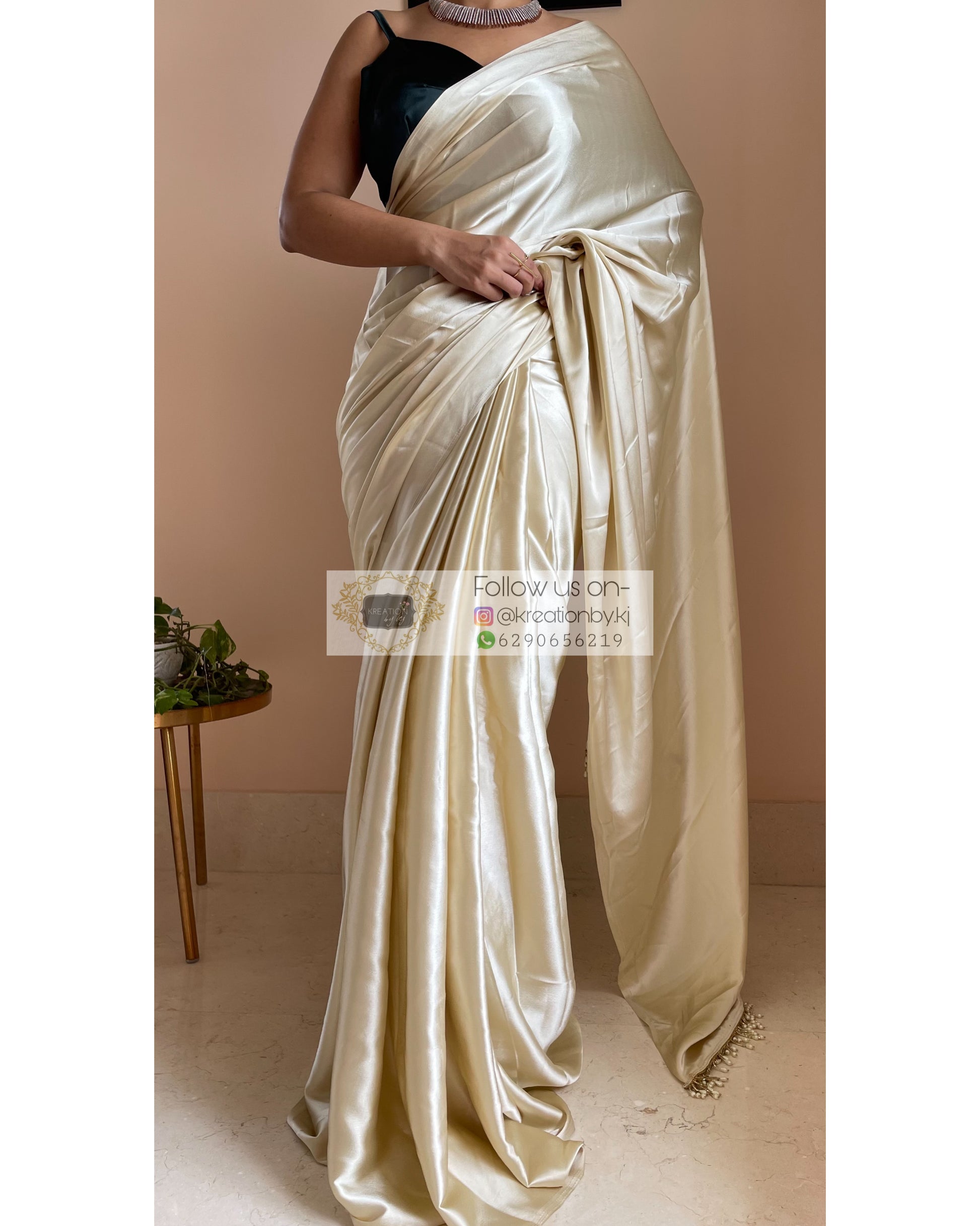 Ivory Satin Silk Saree With Handmade Tassels on Pallu - kreationbykj