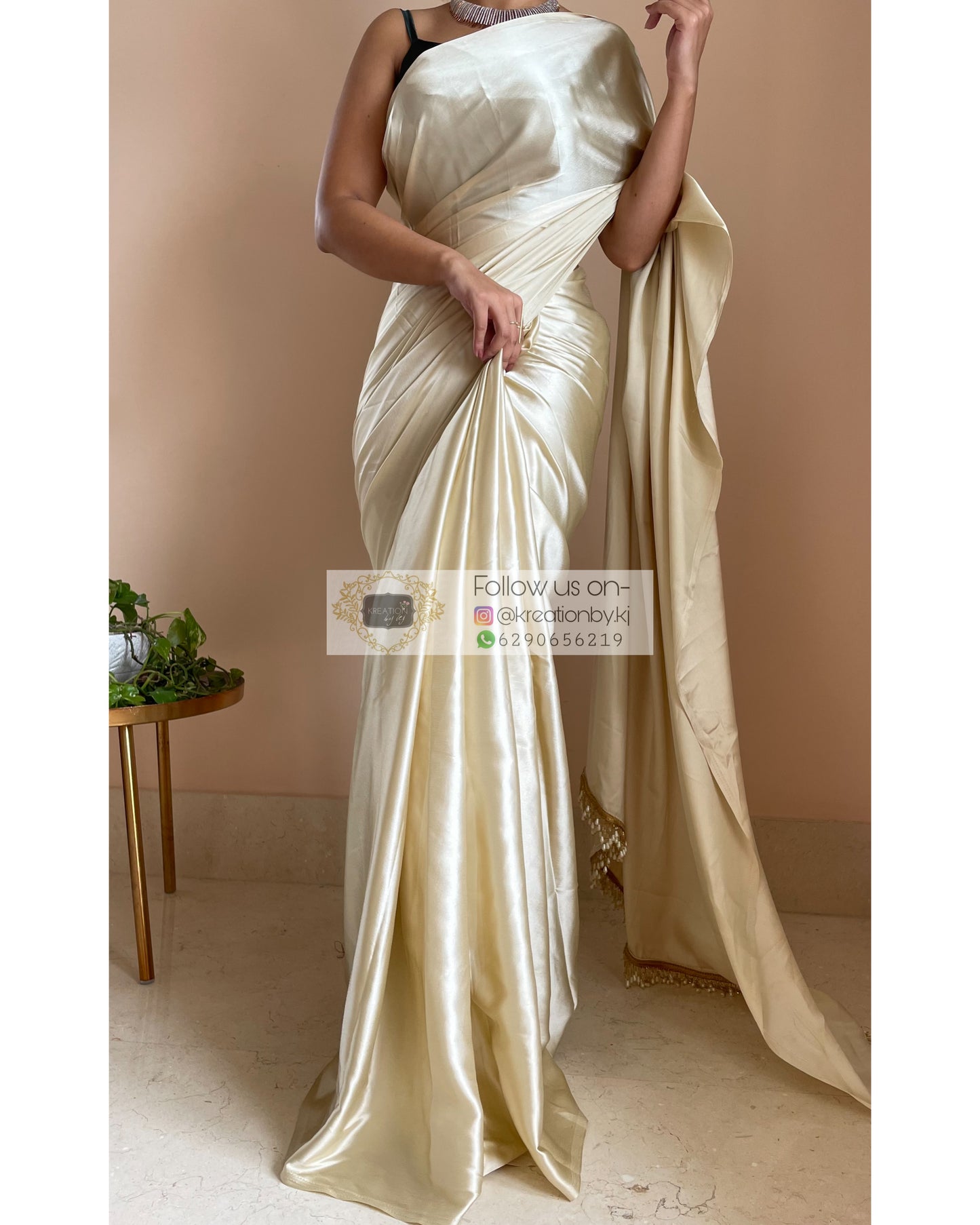 Ivory Satin Silk Saree With Handmade Tassels on Pallu - kreationbykj