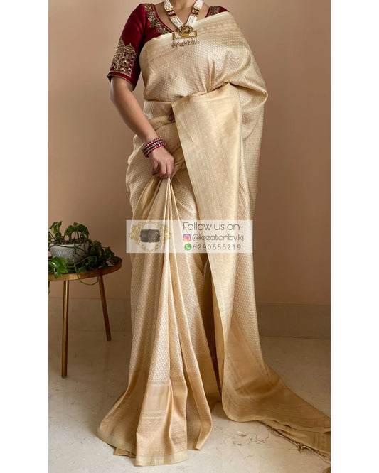 Beige Banarasi Saree with Designer Blouse - kreationbykj