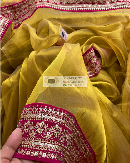Gold Tissue Silk Saree with Fuschia Border - kreationbykj