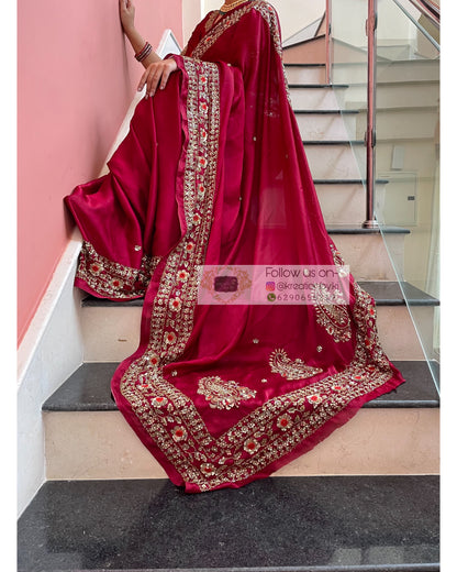 Maroon Crepe Silk Bridal Saree - kreationbykj