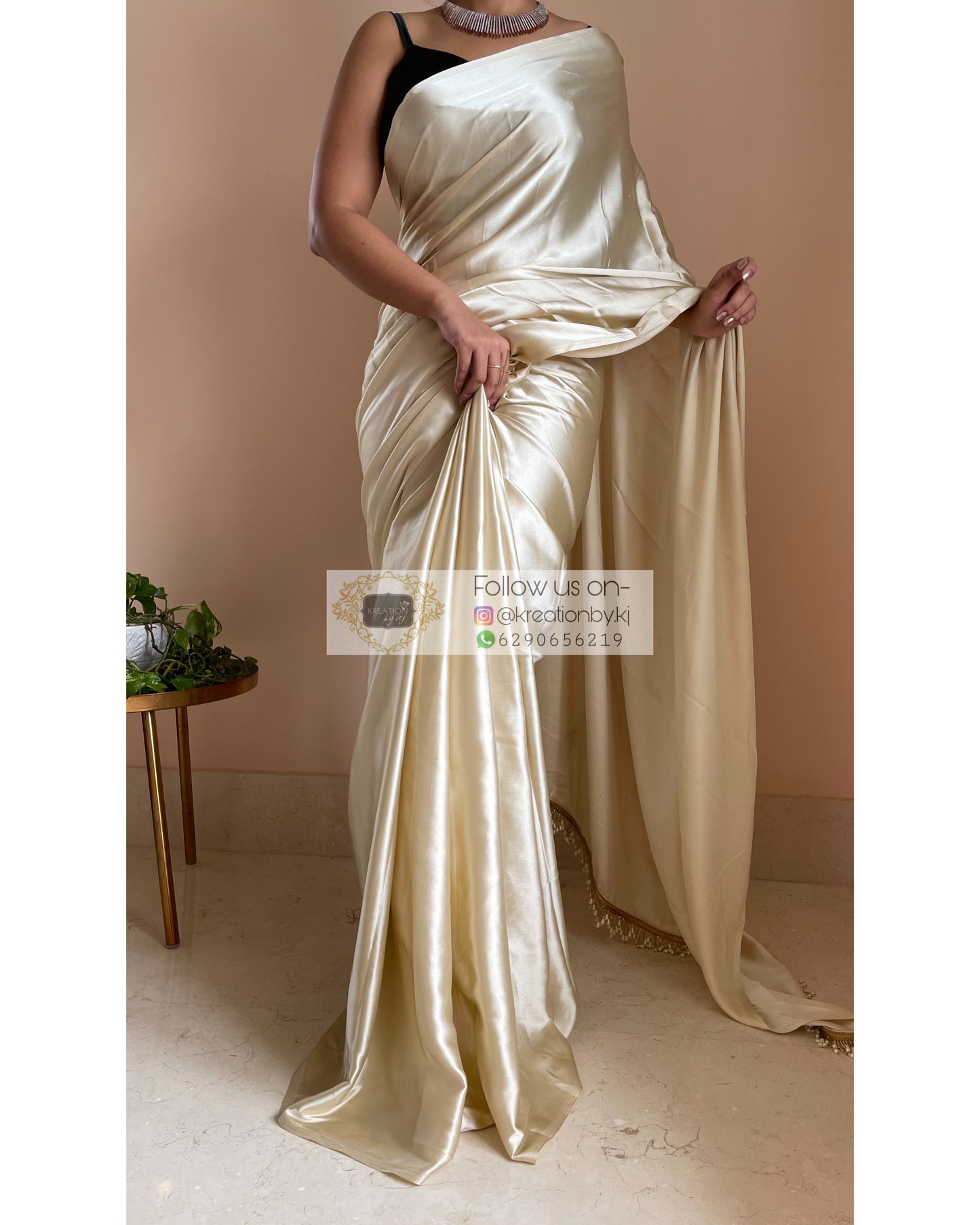 Ivory Satin Silk Saree With Handmade Tassels on Pallu - kreationbykj