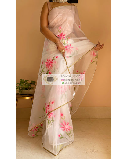 White Floral Organza Saree - kreationbykj