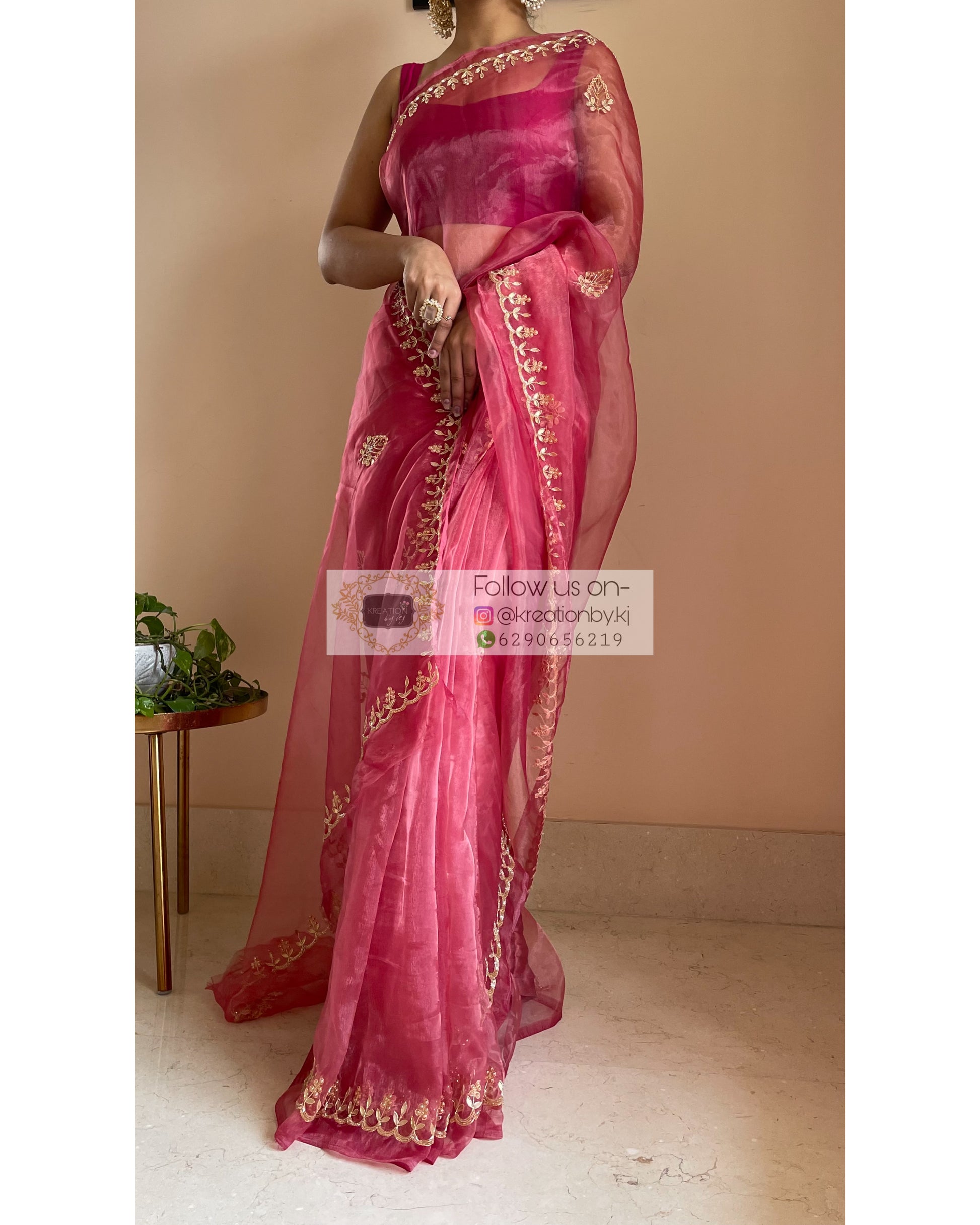 Pink Glass Tissue Saree with Gota Patti border - kreationbykj
