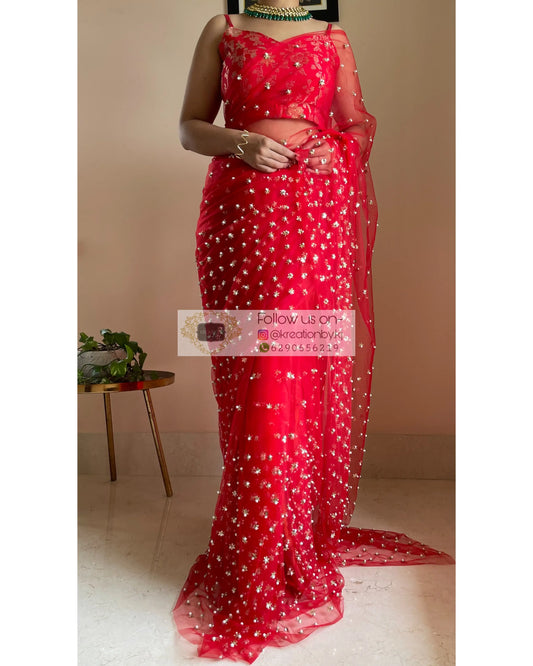 Jugnoo Red Net Saree - kreationbykj