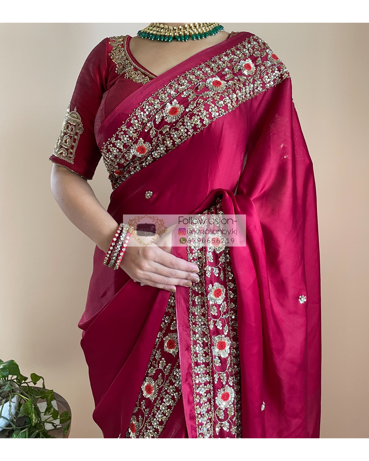 Maroon Crepe Silk Bridal Saree - kreationbykj