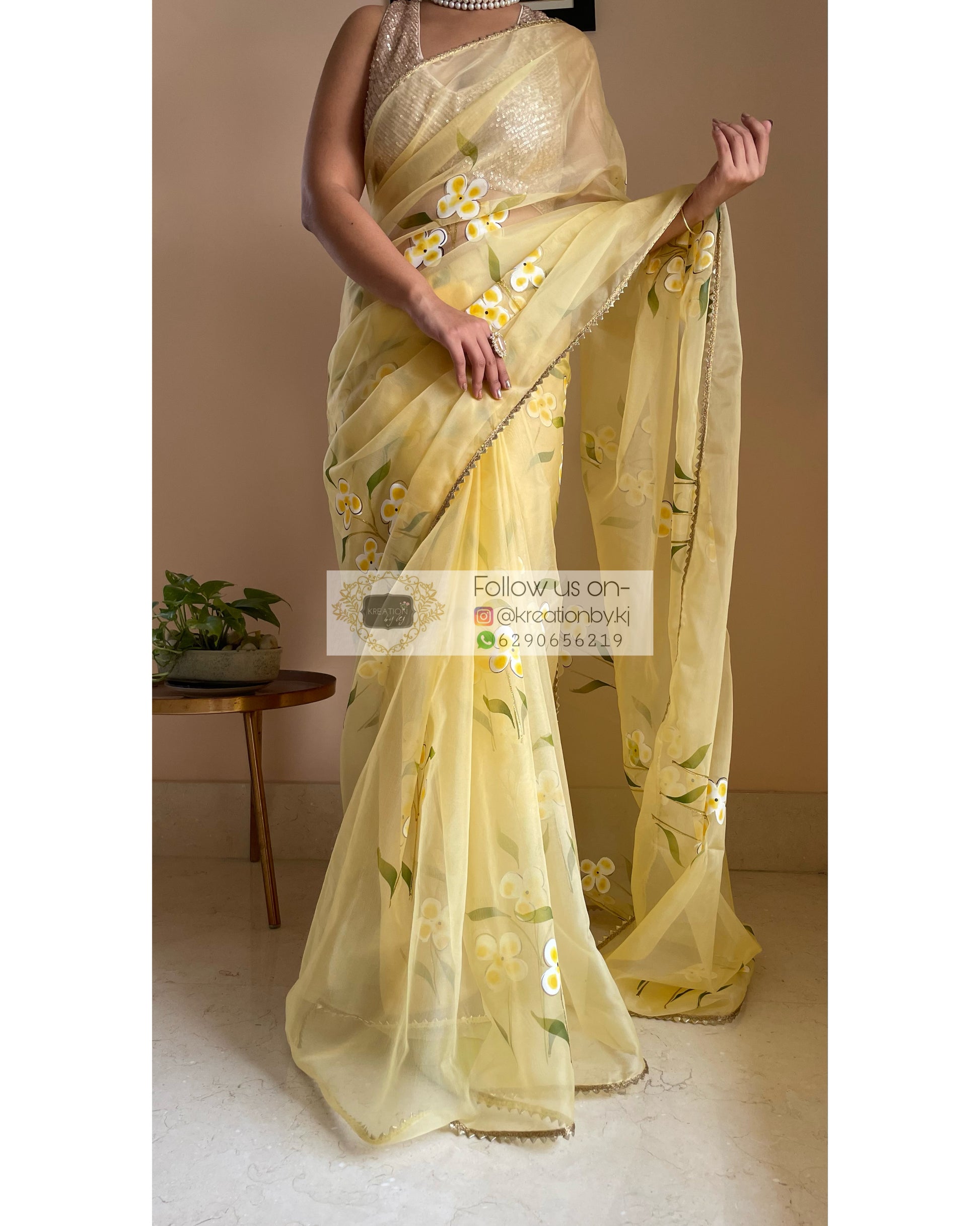 Pastel Yellow Floral Organza Saree - kreationbykj