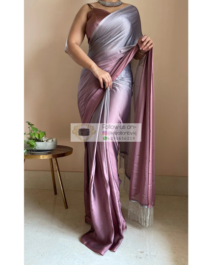 Grey-Rose Gold Ombré Saree withe Handmade Tassels on Pallu - kreationbykj