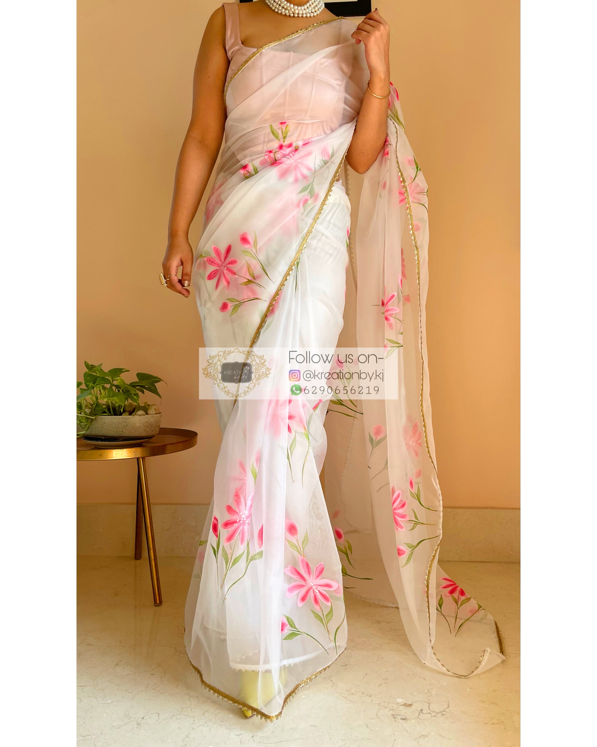 White Floral Organza Saree - kreationbykj