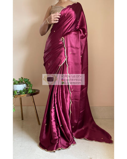 Cherry Wine Satin Silk Saree with Handembroidered Scalloping - kreationbykj