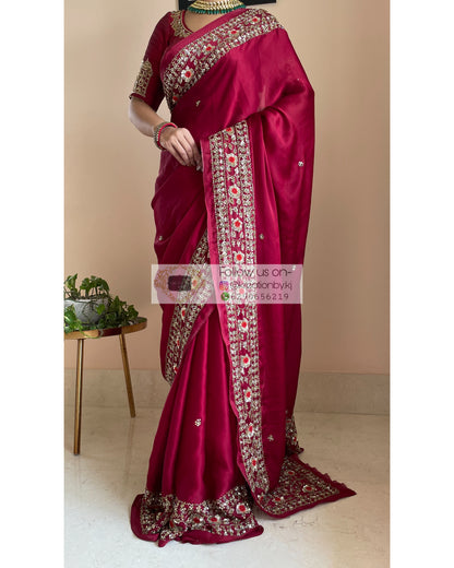 Maroon Crepe Silk Bridal Saree - kreationbykj