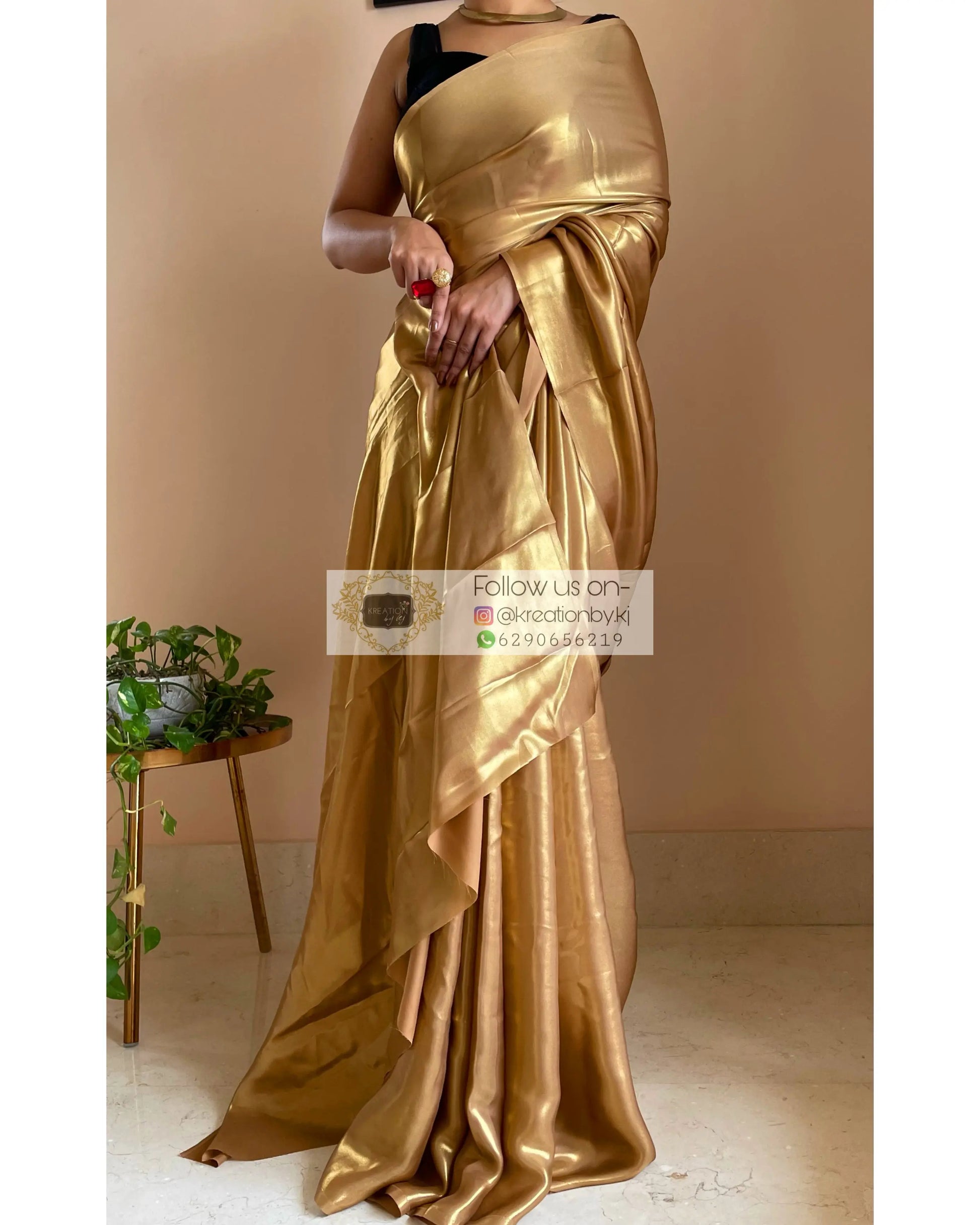 Molten Gold Metallic Shimmer Satin Saree - Main Image