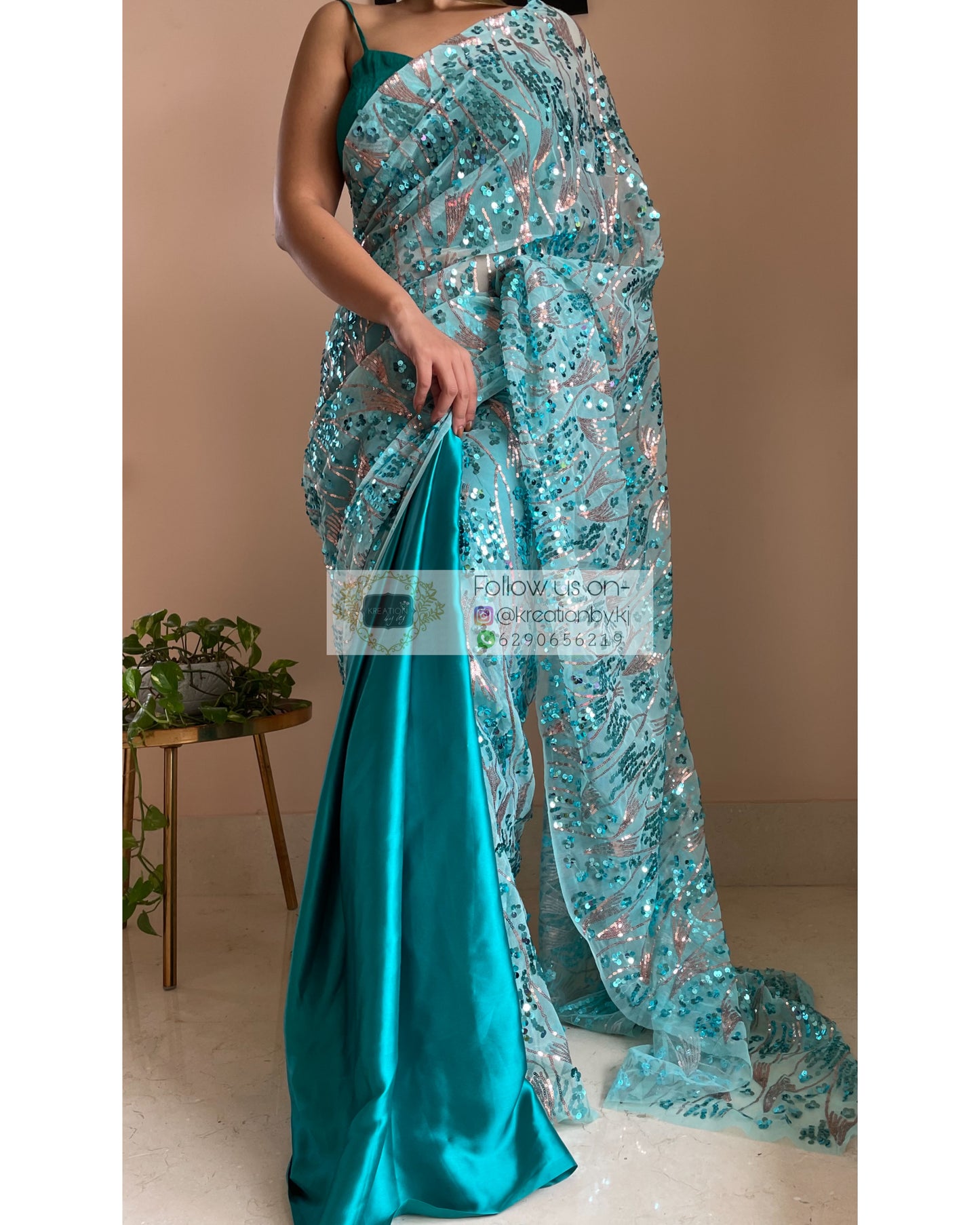 Turquoise Mermaid Sequins Saree - kreationbykj