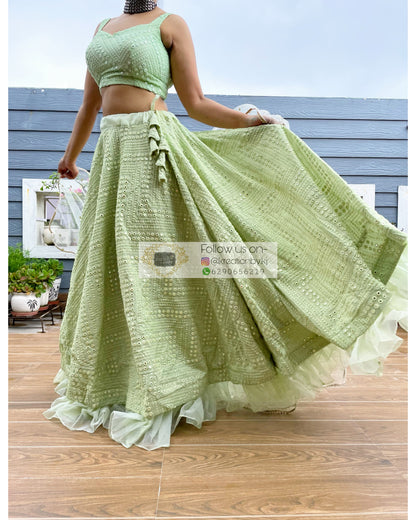 Green Sheesh Mahal Lehenga Set - kreationbykj