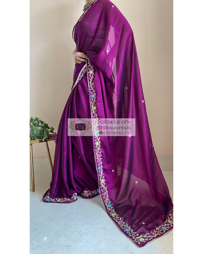 Wine Georgette Zardozi Minakari Saree - kreationbykj