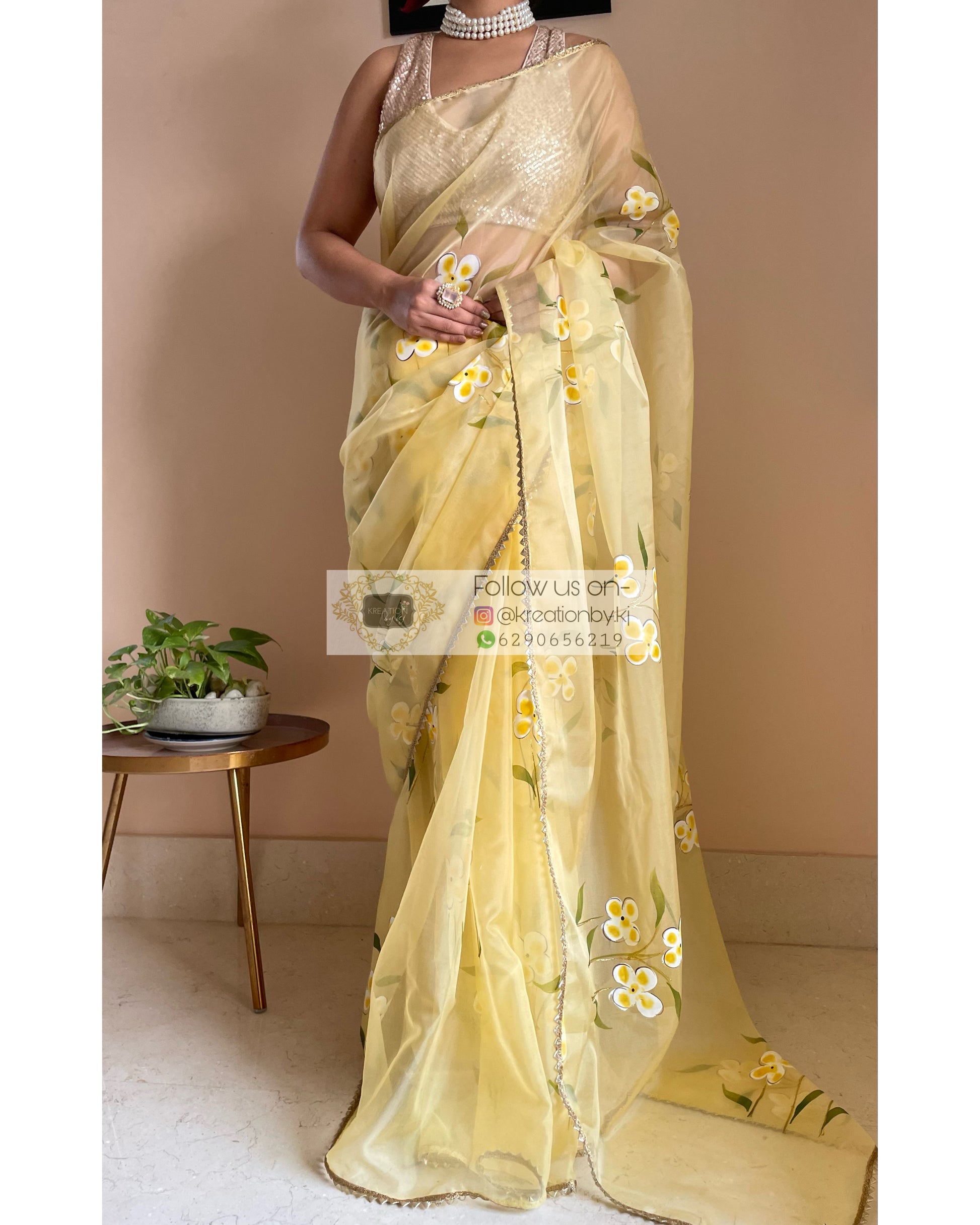 Pastel Yellow Floral Organza Saree - kreationbykj