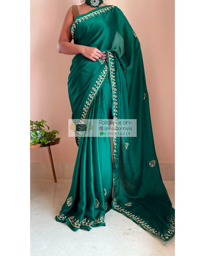 Green Crepe Silk Saree with Gota Patti Border - kreationbykj