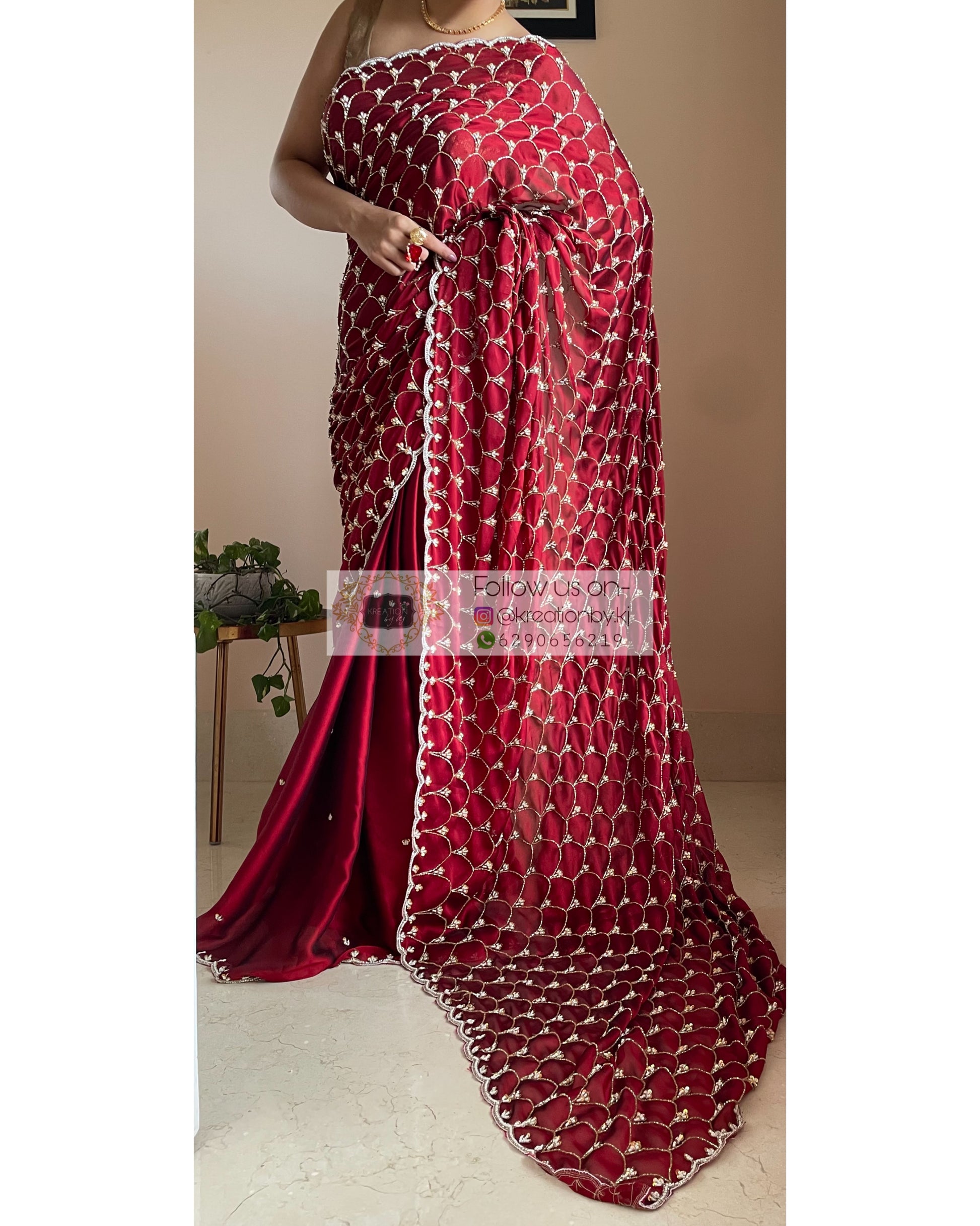 Maroon Georgette Cutdana Mehraab Jaal Saree - kreationbykj