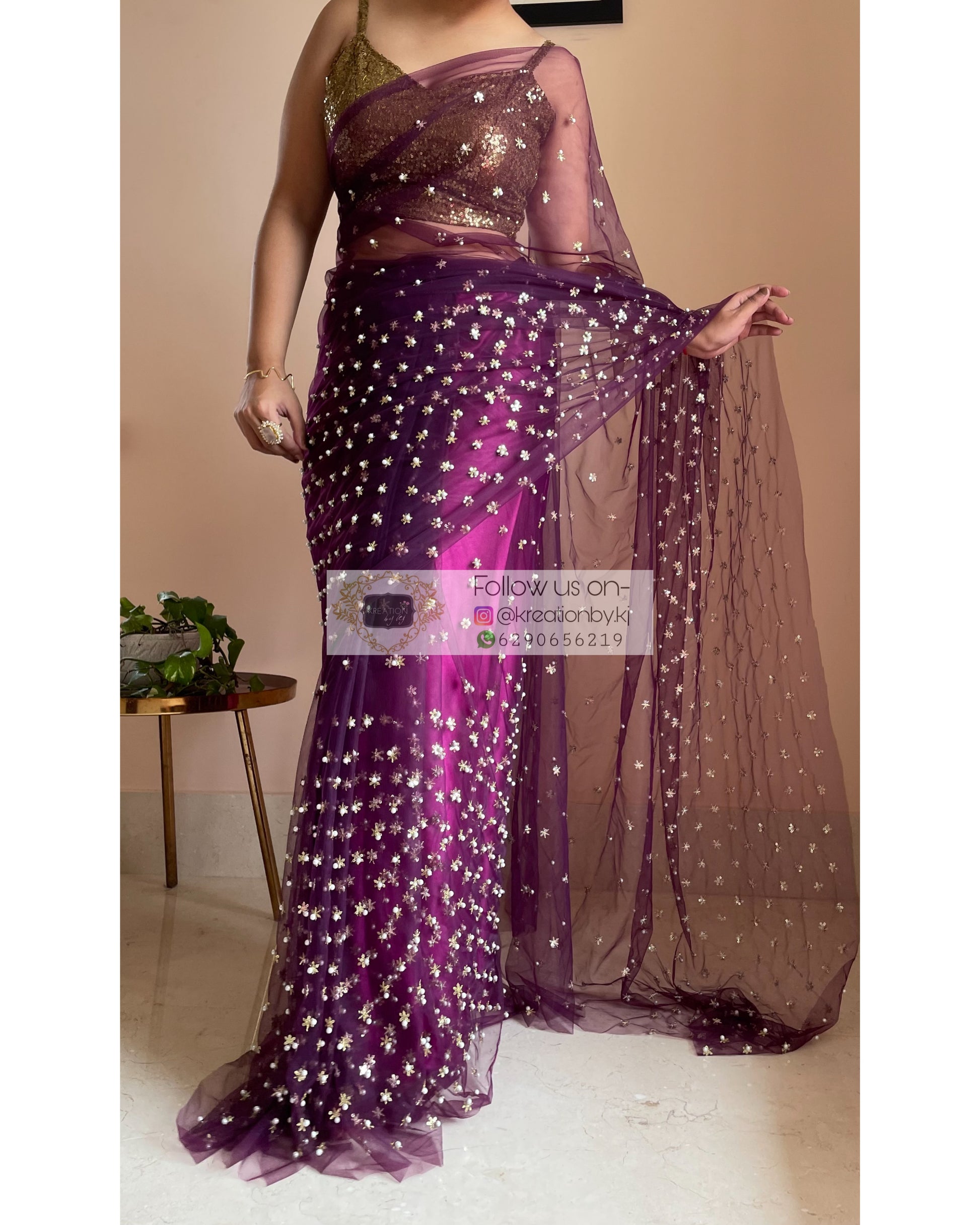 Jugnoo Wine Net Saree - kreationbykj