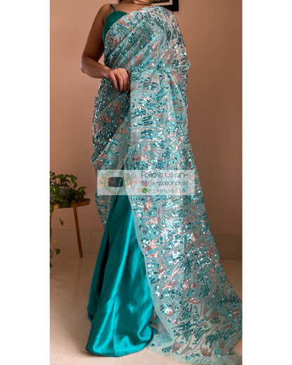 Turquoise Mermaid Sequins Saree - kreationbykj