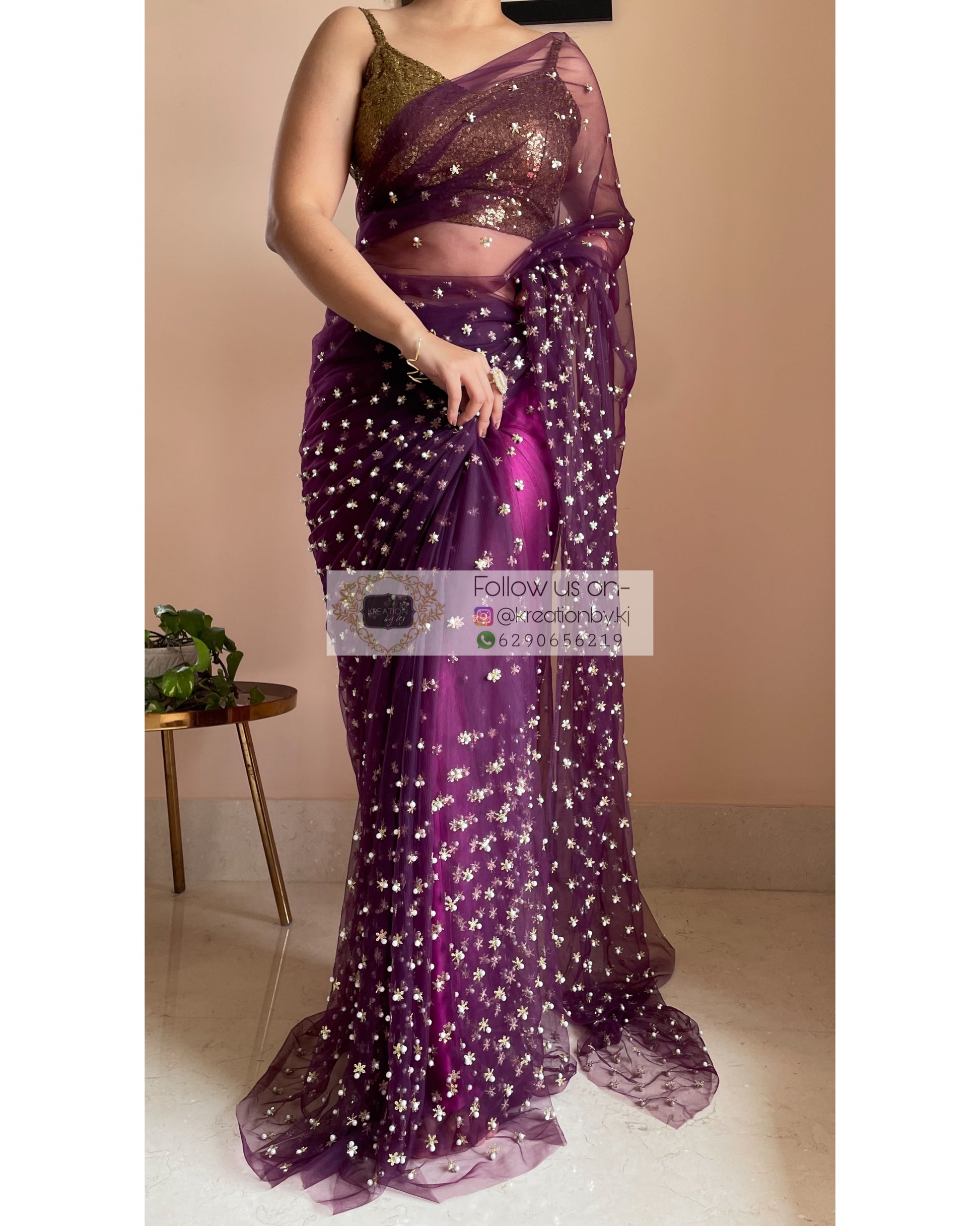 Jugnoo Wine Net Saree - kreationbykj