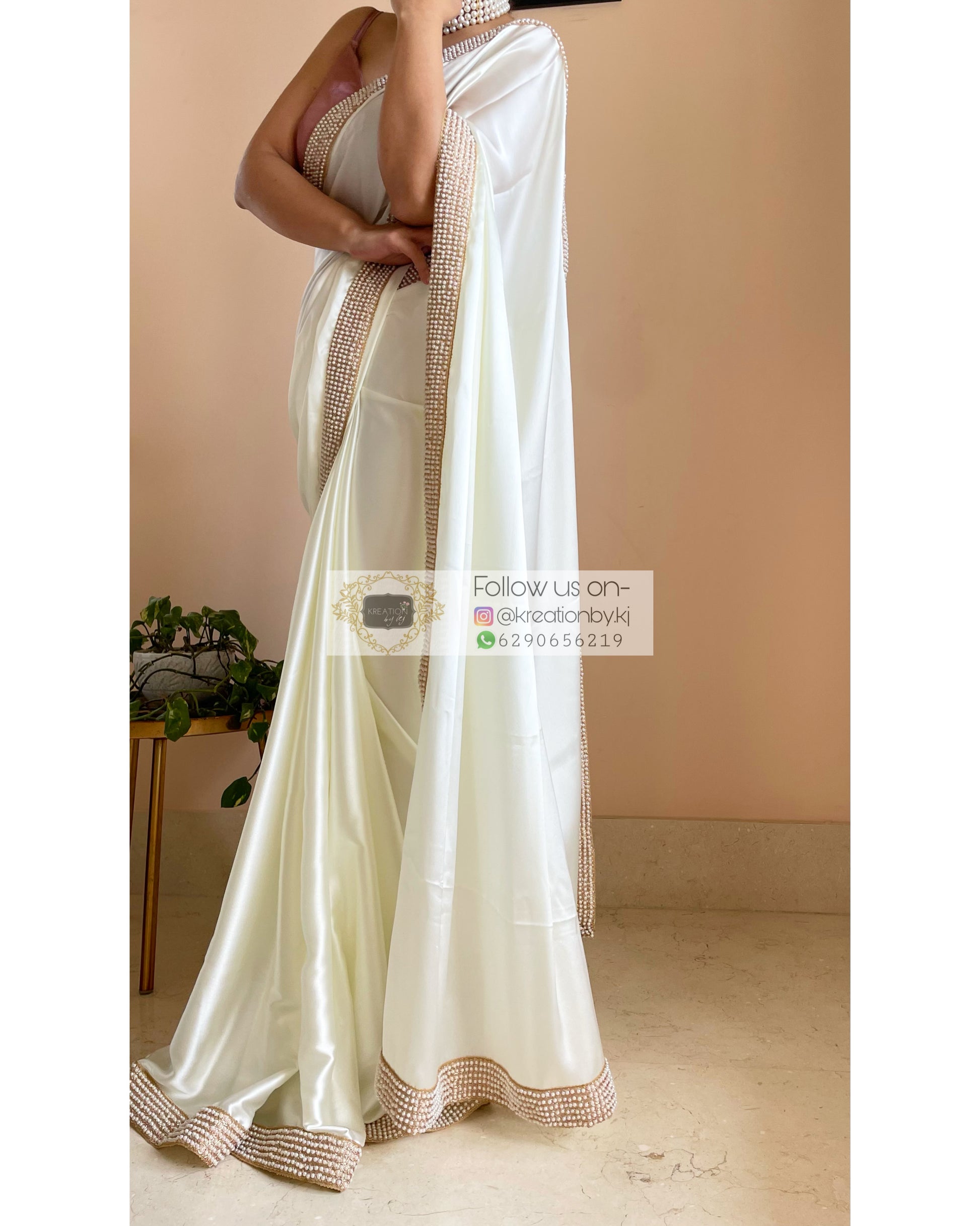 Cream Mother Of Pearl Saree - kreationbykj