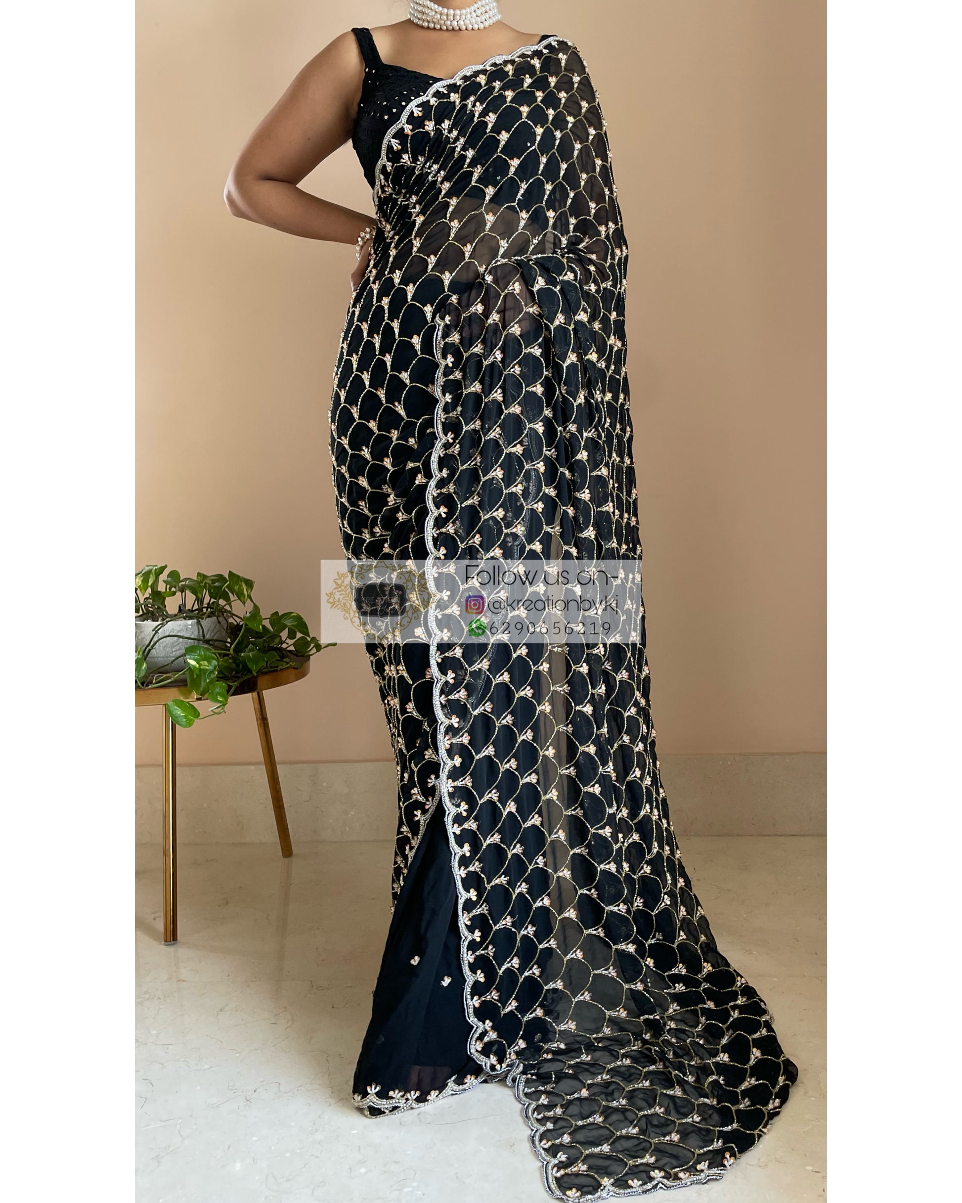 Black Georgette Cutdana Mehraab Jaal Saree - kreationbykj