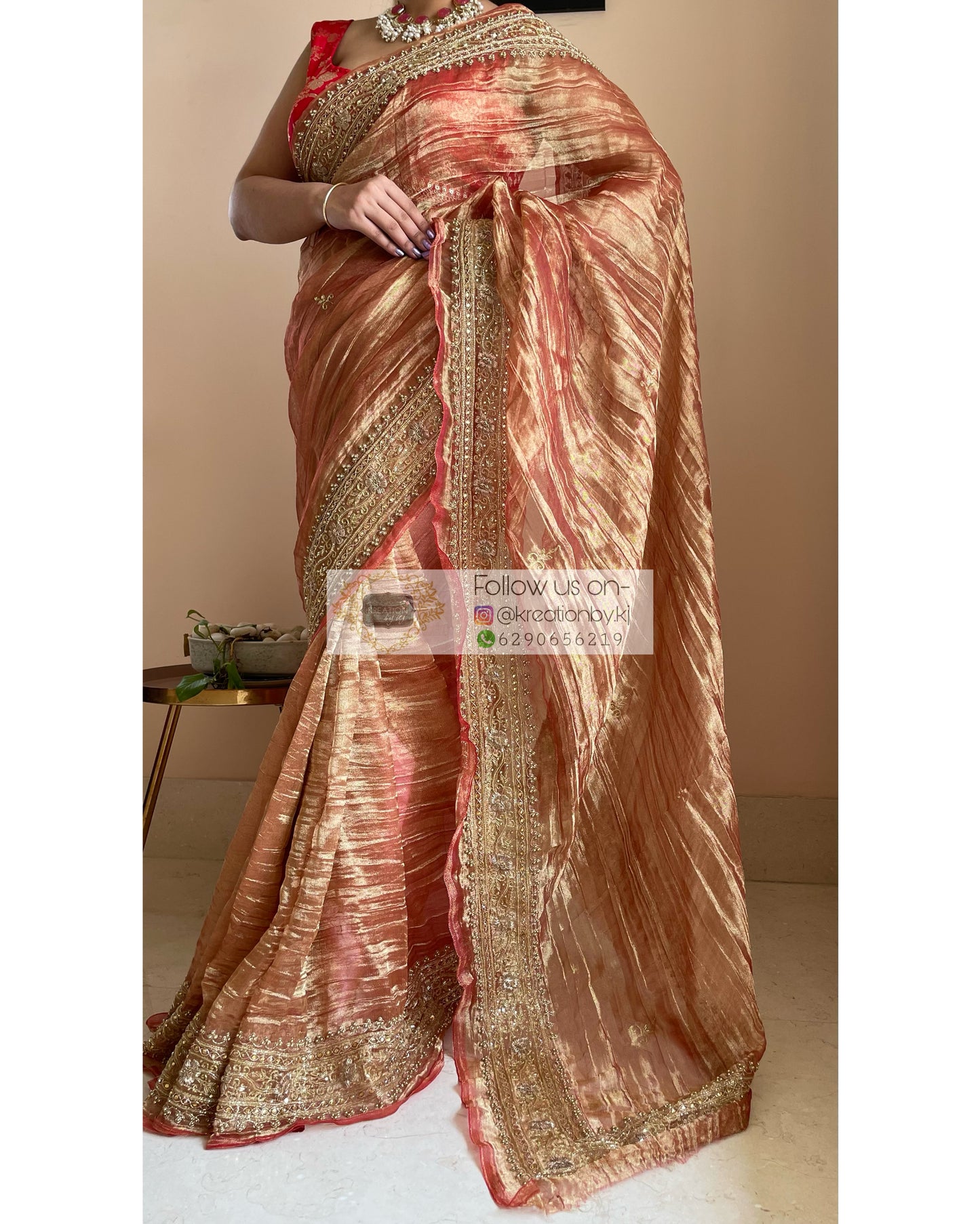 Copper Zari Tissue Zarina Saree - kreationbykj