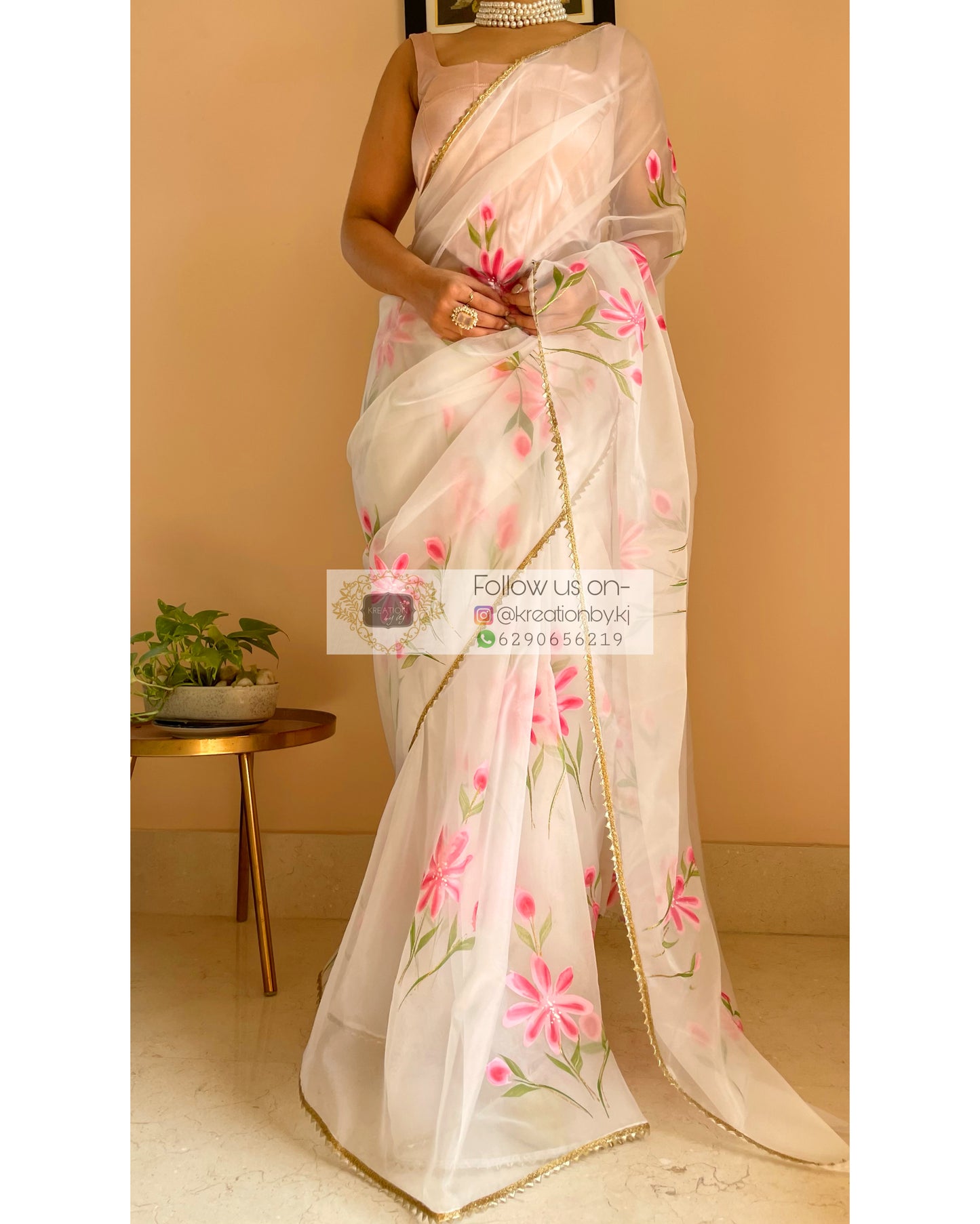 White Floral Organza Saree - kreationbykj