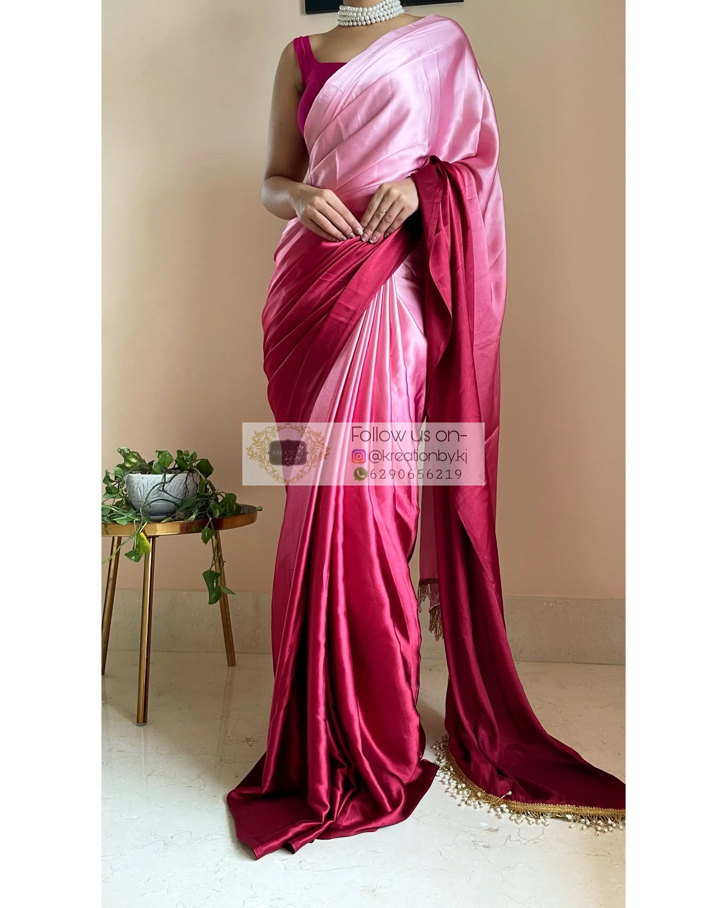 Raspberry Ombré Crepe Silk Saree with Handmade Tassels on Pallu - kreationbykj
