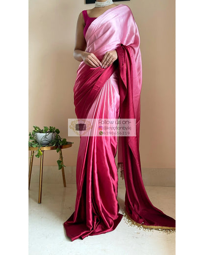 Raspberry Ombré Crepe Silk Saree with Handmade Tassels on Pallu - kreationbykj