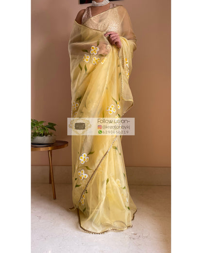 Pastel Yellow Floral Organza Saree - kreationbykj