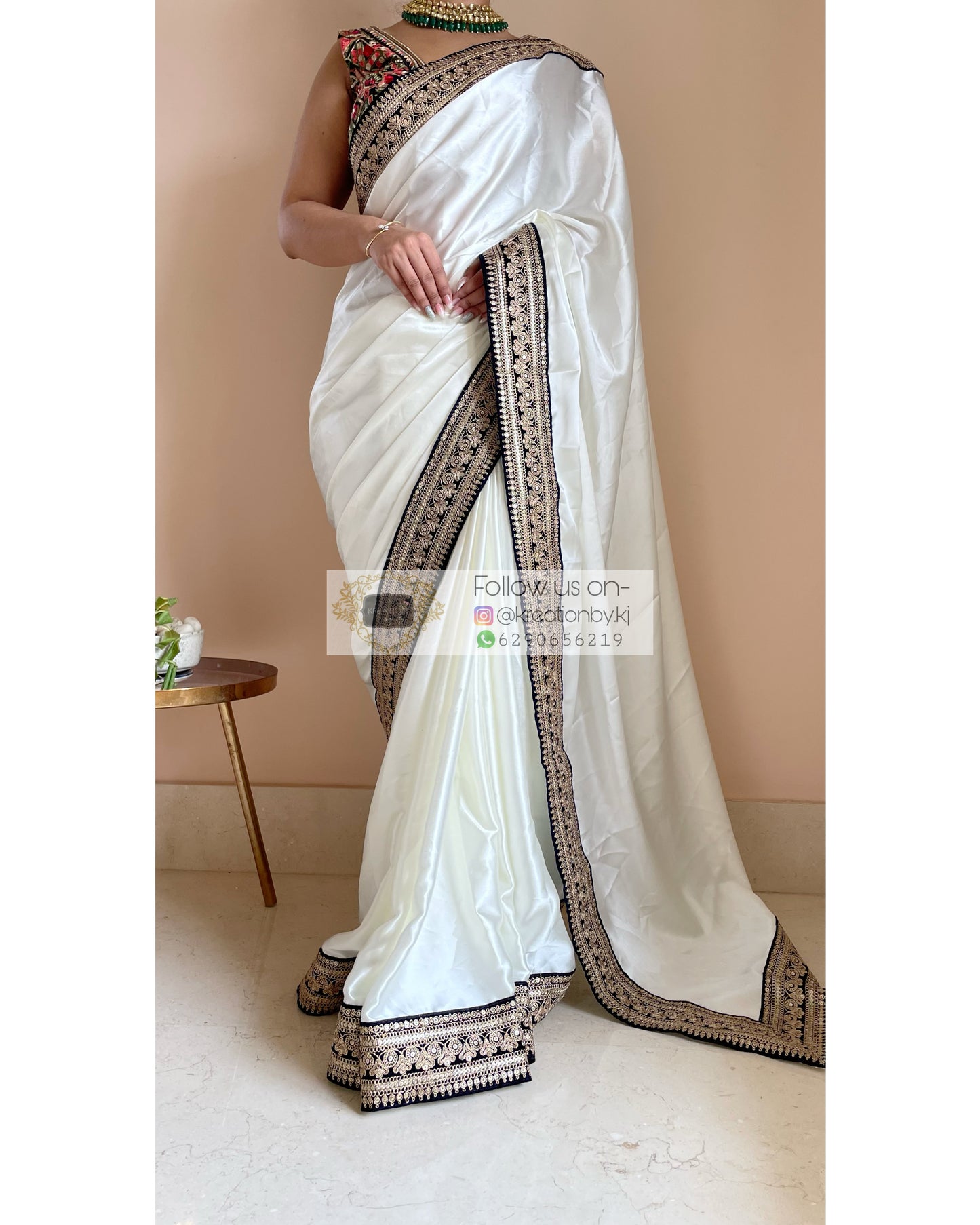 Cream Satin Silk Saree with Navy Border - kreationbykj