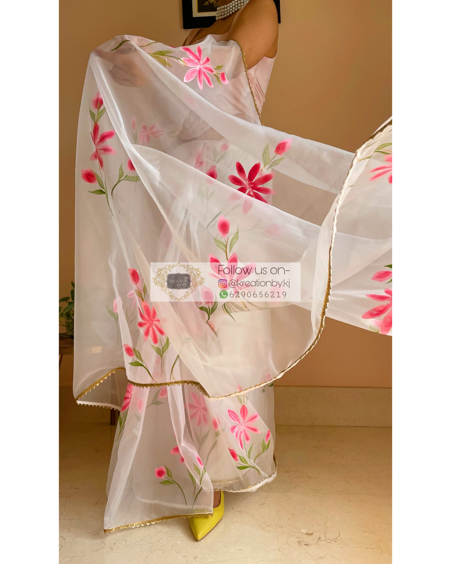 White Floral Organza Saree - kreationbykj