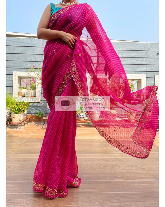 Hot Pink Chandani Leheriya Saree - kreationbykj